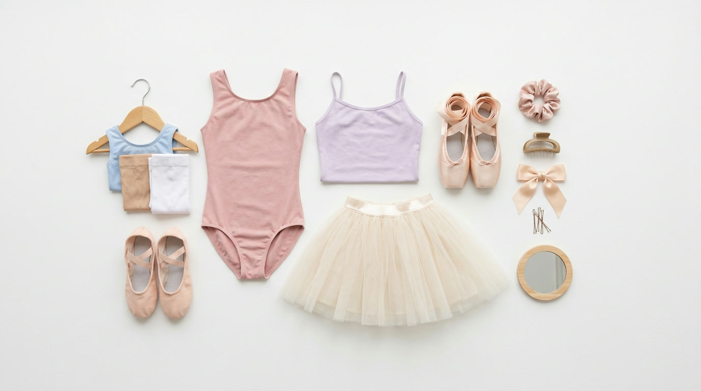 A collection of neatly arranged dancewear — leotards, tutus, pointe shoes, tights, and accessories — laid out on a warm wooden floor